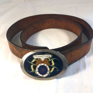 Vintage Leather Eagle Engraved Belt with Metal 2 Horse Heads Teamsters  Buckle
